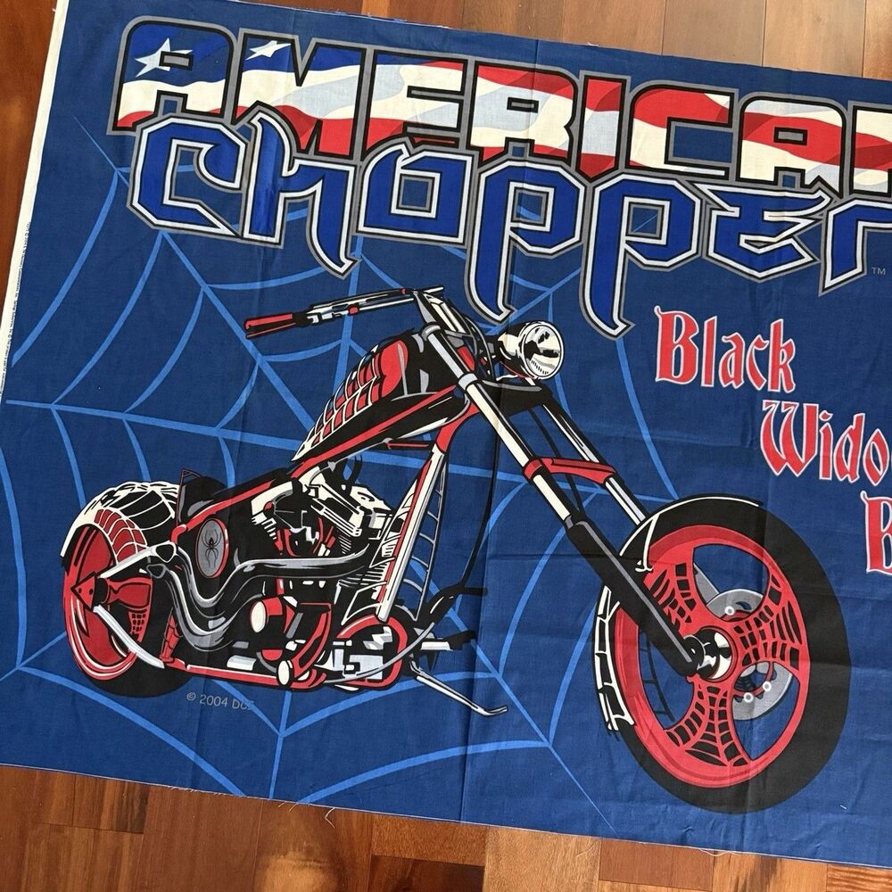 American Chopper Quilt Panel Motorcycle Black Widow Bike Cotton Blue Red 2375